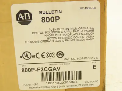 Allen Bradley 800P-F2CGAV Palm Operated Push Button Switch Flush Mount 1NO 1NC