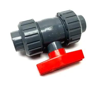 USED SHYOULI 1/2" DOUBLE UNION PVC BALL VALVE, GRAY, SLIP SOCKETS