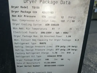Used 2004 INGERSOLL RAND TS150 Refrigerated Air Compressor Dryers Ohio US | HGR 24 #1705018