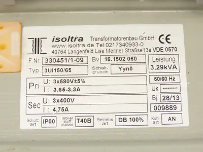 Isoltra 3 Phase Transformer 3.29kVA 580V ±5% Primary 400V Secondary 3UI150/65