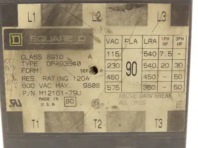 Square D DPA93S40 3-Pole Contactor 575VAC 90A 50HP