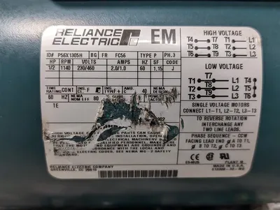 1/2 HP Reliance Electric P56X1305H EM Series Motor 1140 RPM 230/460V Tear Used