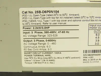 Allen Bradley 25B-D6P0N104 Powerflex 525 3Hp VFD AC Drive 480V 50/60Hz FRN 3.001