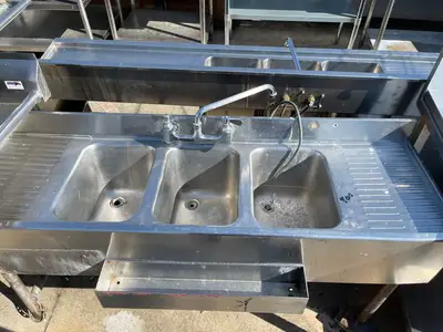 Used Falcon Restaurant Supply Used 59" Under Bar 3 Compartment Sink with Faucet - SS146 Sinks Illinois US | Falcon Restaurant Supply #1375935