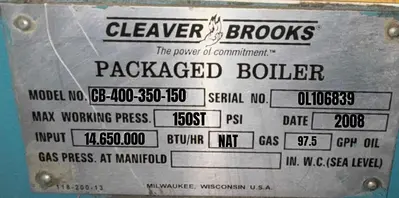 USED 2008 CLEAVER BROOKS CB-400-350-150