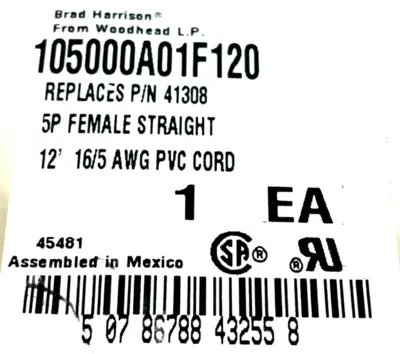 NEW MOLEX WOODHEAD 105000A01F120 5P FEMALE PVC CORD 12'