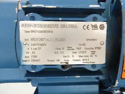 Sew Eurodrive R17 DRS71S4BE05HR Gearmotor w/Brake .33Hp 230/460V 15.8:1 107rpm