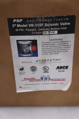 NEW Pacific Seismic Products Earthquake Gas Shutoff Valve MPN 315F 3" STK 1708CC