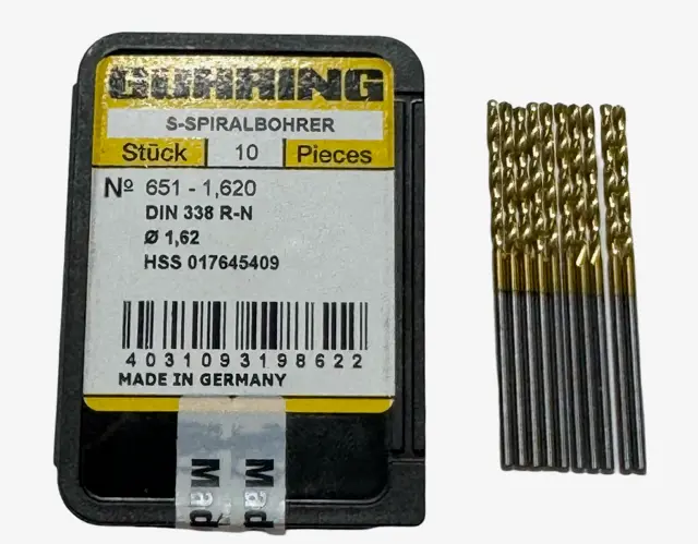 Guhring 1.62mm HSS Drill Bit Jobber Length 118 Deg Tin Coated 10 Pack