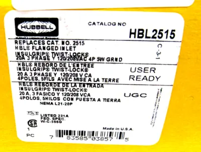 NEW HUBBELL HBL2515 LOCKING FLANGED-INLET