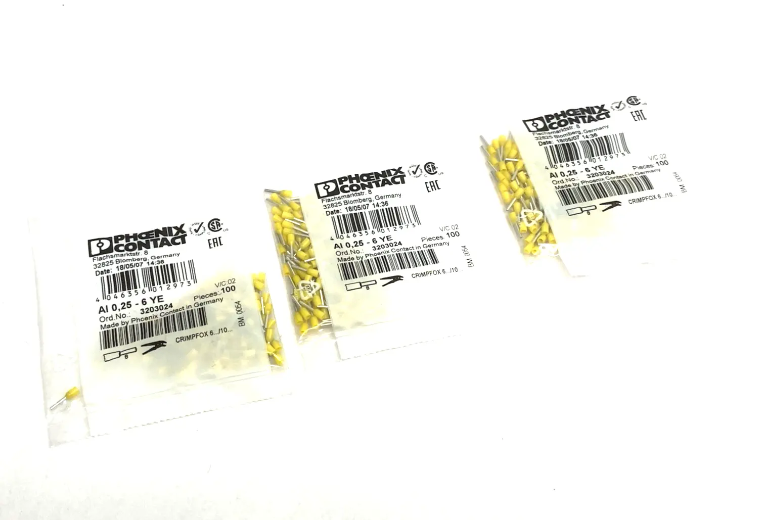 New | in-Stock Phoenix Contact Wire Ferrule Yellow AI 0,25- 6 YE 100-PACK, LOT OF 3 Electrical Fittings Michigan US | Maverick Industrial Sales #1390698