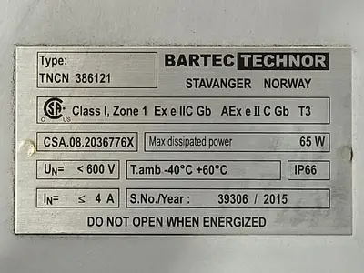 NEW 2015 BARTEC TECHNOR TNCN 386121