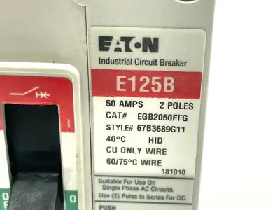 USED EATON MOLDED CASE CIRCUIT BREAKER 50A 2-POLE STYLE 67B3689G11