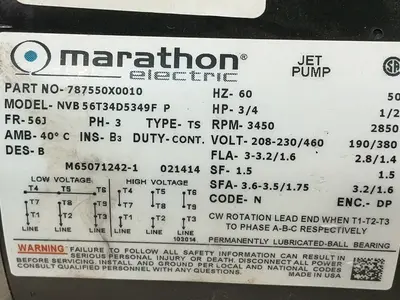 Used MARATHON ELECTRIC 787550X0010 / NVB 56T34D5349F P Pumps Ohio US | HGR 24 #1567374