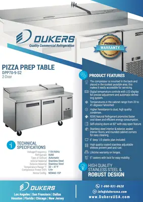 New | in-Stock Dukers New Dukers DPP70-9-S2 Commercial 2-Door Pizza Prep Table Refrigerated Food Prep Tables Illinois US | Falcon Restaurant Supply #1376289