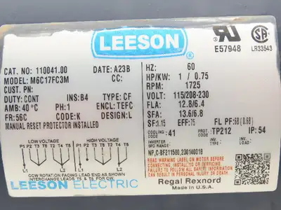 Leeson Electric M6C17FC3M AC Motor 1Hp 1725RPM 115/208-230V 1Ph
