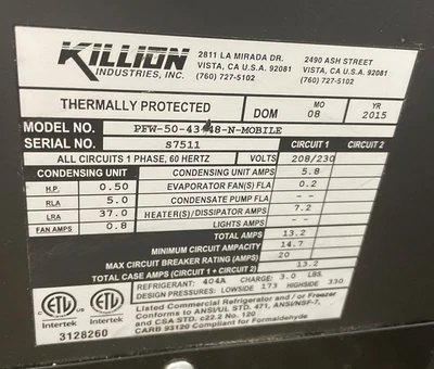 72-0338 Killion PFW-50 Self Contained Refrigerated Display Cooler Case