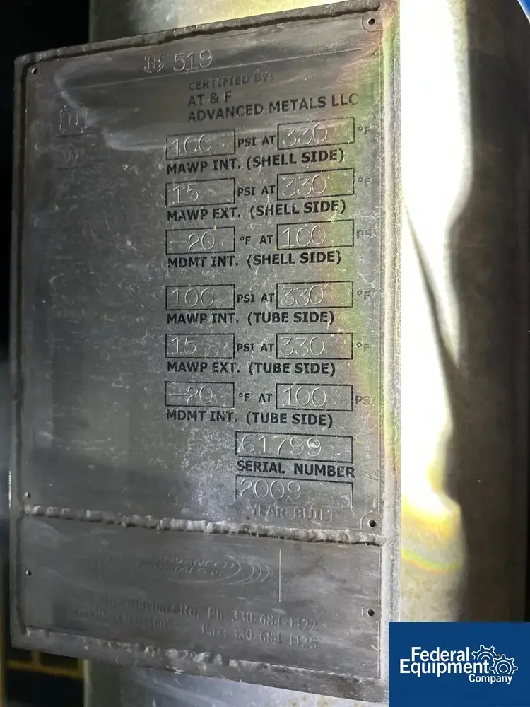 USED AT&F Advanced Metals LLC 359 Sq Ft AT&F Advanced Metals Heat Exchanger, Incoloy 20, 100/100#