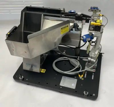 USED WEBER SCREWDRIVING GENTLE VIBRATORY STEP FEEDER SYSTEM, VERY LOW NOISE EMISSIONS