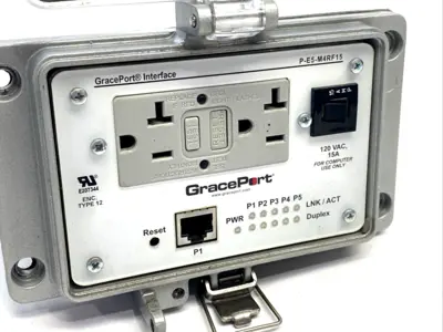 USED GRACE TECHNOLOGIES GFCI DUPLEX INSIDE-OUTLET; 15 AMP CIRCUIT BREAKER