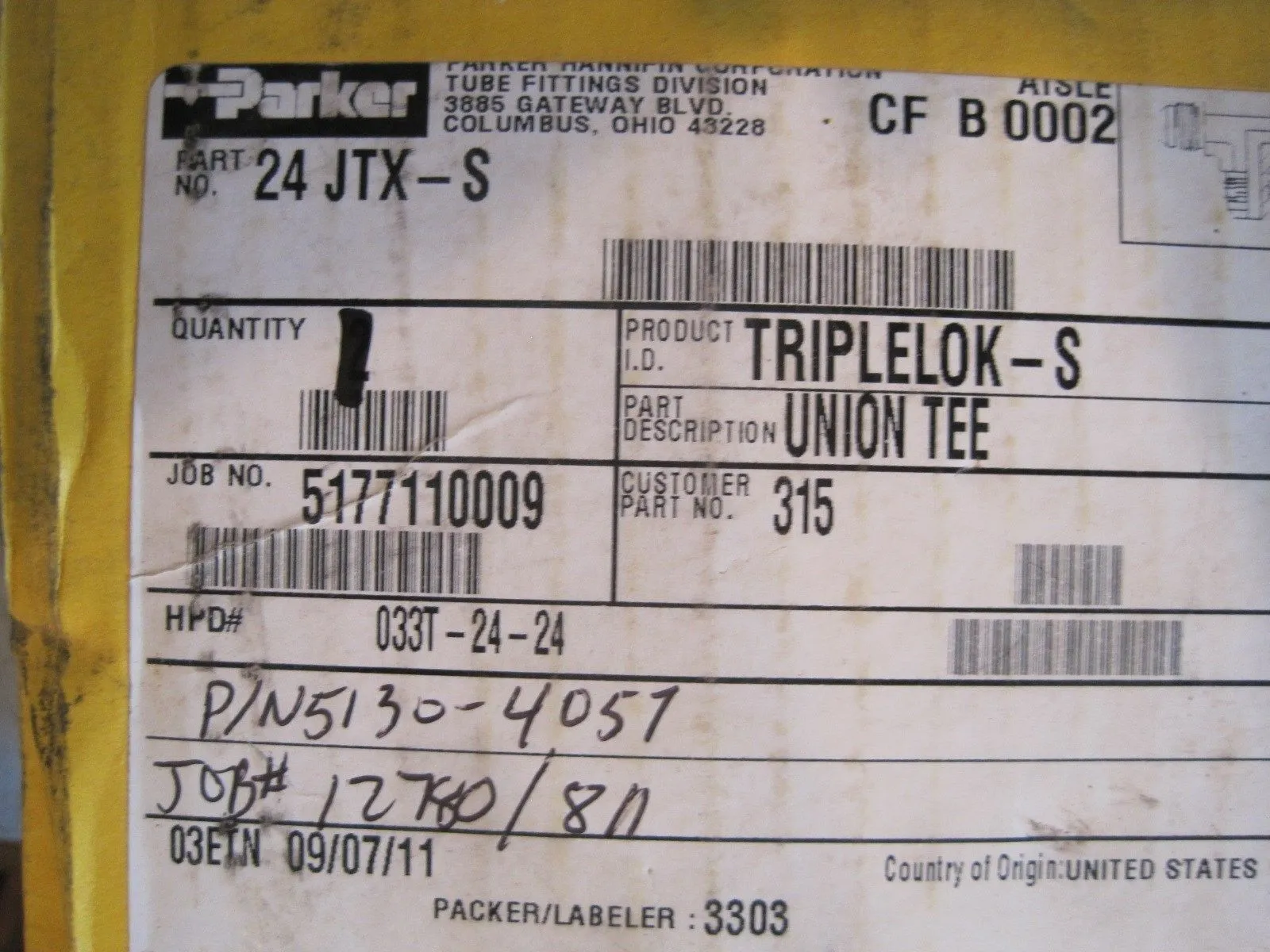 NEW PARKER 24 JTX-S UNION TEE 24JTXS