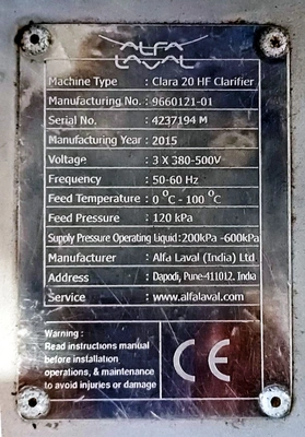 Alfa-Laval LAPX 404 SGP-31G/GC CLARA 20 HF clarifier skid, 316L SS.