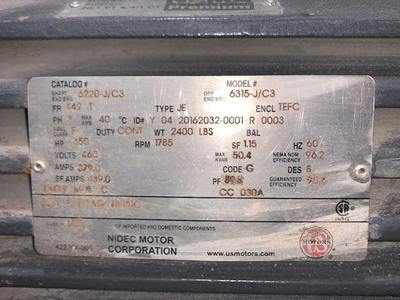350 Hp 1785 Rpm 460v 449T US Motors AC Motor, Unused