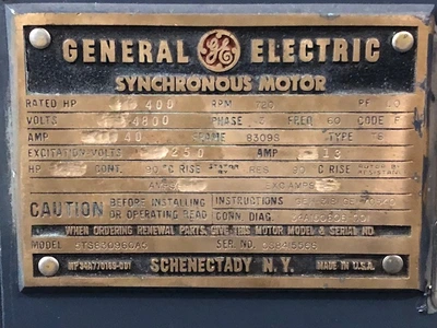 400 HP General Electric Synchronous Motor 720 Rpm 4800 Volts