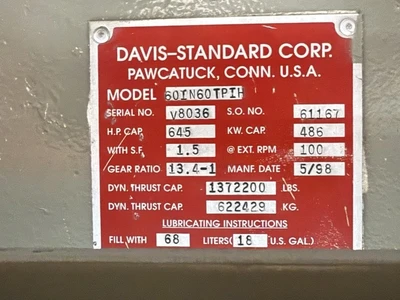 6" Davis Standard Extruder, 30:1 L/D, 500 HP AC Motor