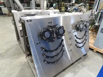 Shibuya Hoppmann Norwalt Aerosol Can Puck Sorter Inserter Line w/ Feeder Hopper
