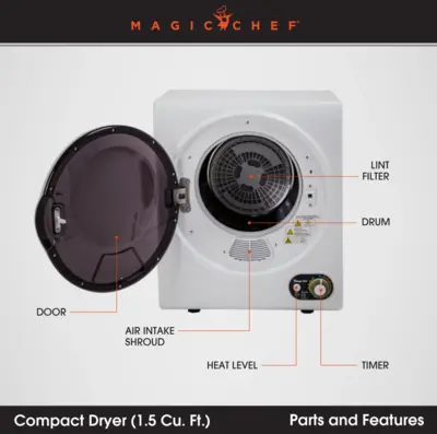 Magic Chef 1.5 CU. FT. COMPACT ELECTRIC DRYER IN WHITE (DISC)