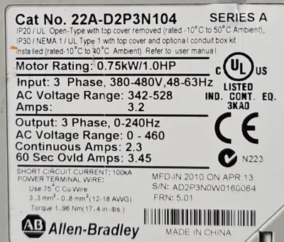 Allen Bradley 22A-D2P3N104 Series A Powerflex 4 1 HP AC Drive (BIN644)