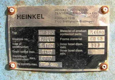 Heinkel HF 300 Inverting Filter centrifuge, Hastelloy C4.