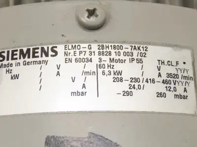 Siemens ELMO-G 2BH1800-7AK12 2.5" Regenerative Vacuum Blower 8.4Hp 230/460V 3PH