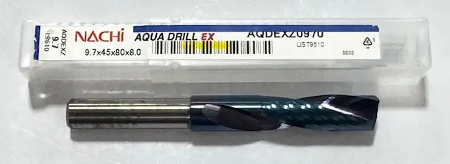 Nachi 9.7mm Solid Carbide Drill 2xD Aqua EX Coated 180 Deg Point