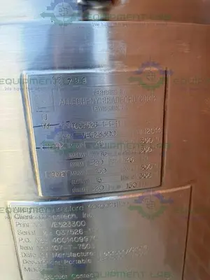 USED ALLEGHENY 400 LITER STAINLESS STEEL JACKETED REACTOR 45 PSI W/ 5 HP TOP MIXER