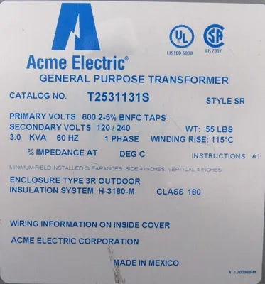 NEW ACME ELECTRIC T2531131S TRANSFORMER 3KVA PRI. 600V SEC 120/240V