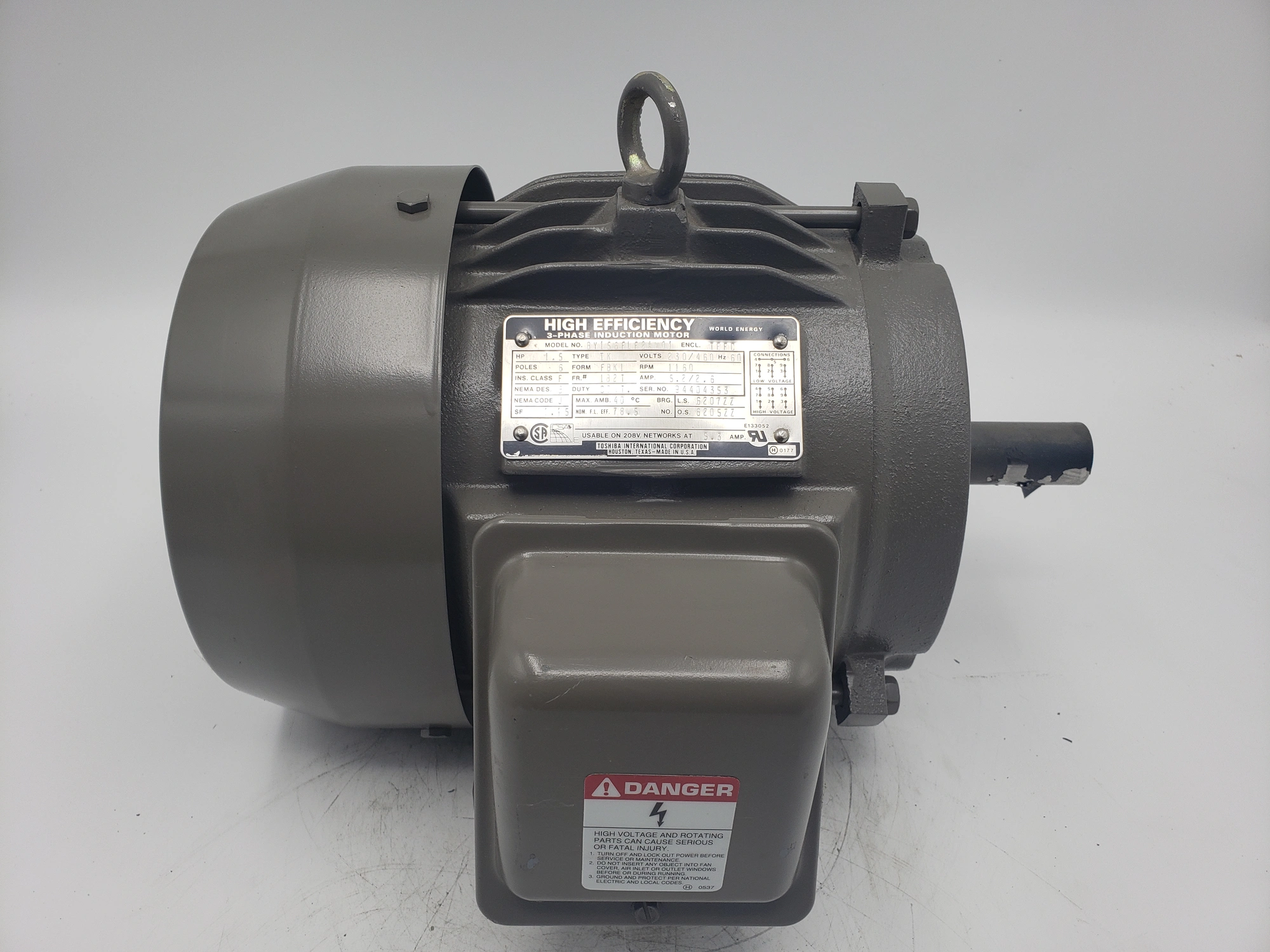 Toshiba 1.5 HP, 1730/1400 RPM, 182T FRAME motor