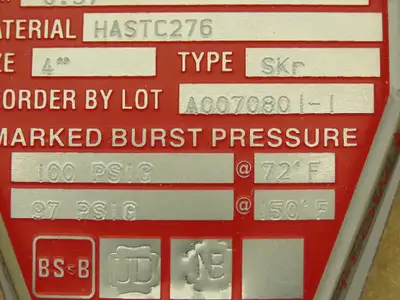 BS&B Safety Systems Rupture Disk 4" Type SKr 100 psig @ 72°F 97 psig @ 150°F