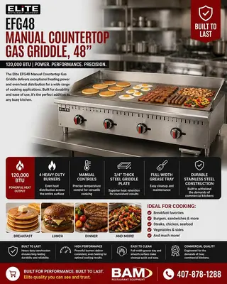 ELITE EFG48 Manual Countertop Gas Griddle, 48" | 120,000 BTU