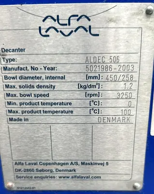 Alfa-Laval ALDEC 506 decanter centrifuge, 316SS.
