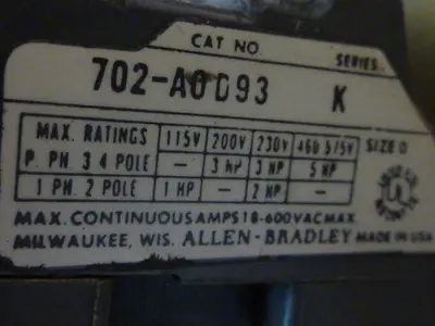 Used ALLEN BRADLEY 702-AOD93 SER K PLC Contactors Michigan US | Ideal Machinery #1250271