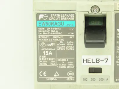 Fuji Electric EW50RAGU-3P015 Earth Leakage Circuit Breaker 3-Pole 15A 100-440VAC