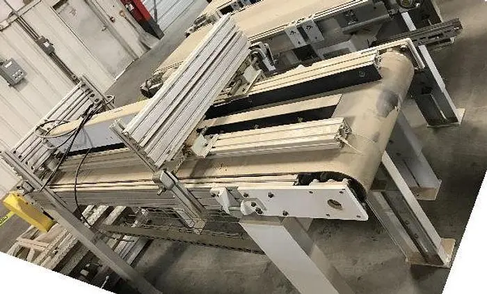 20 INCH WIDE x 9 FT LONG BELT CONVEYOR WITH ADJUSTABLE GUIDE AND CENTER HOLD-DOWN BEAM