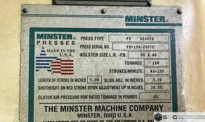 Used 1996 MINSTER P2-150-60 PIECEMAKER Straight Side Presses Michigan US | S & G Press and Machinery Sales #1364636