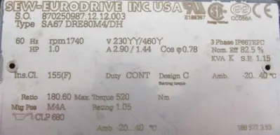 NEW SEW EURODRIVE SA67 DRE80M4/DH GEAR MOTOR 180.60:1 SA67DRE80M4DH