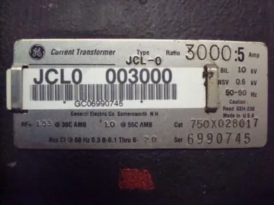 General Electric JCL-0 750X028017 Current Transformer Ratio 3000:5 Amp Used