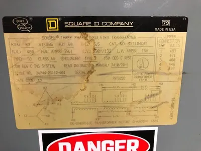 63 KVA Drive Isolation Transformer Dry Type 460 Delta 230Y/133 Square D Catalog Number 63T104DIT TESTED