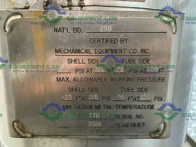USED MECO VERTICAL SHELL & STRAIGHT TUBE HEAT EXCHANGER 125 PSIG W/ SS FRAME & GAUGES