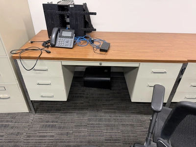 Lot including (1) 60" width x 29" height x 30" depth steel framed desk with 2 drawers (1 is a file d...